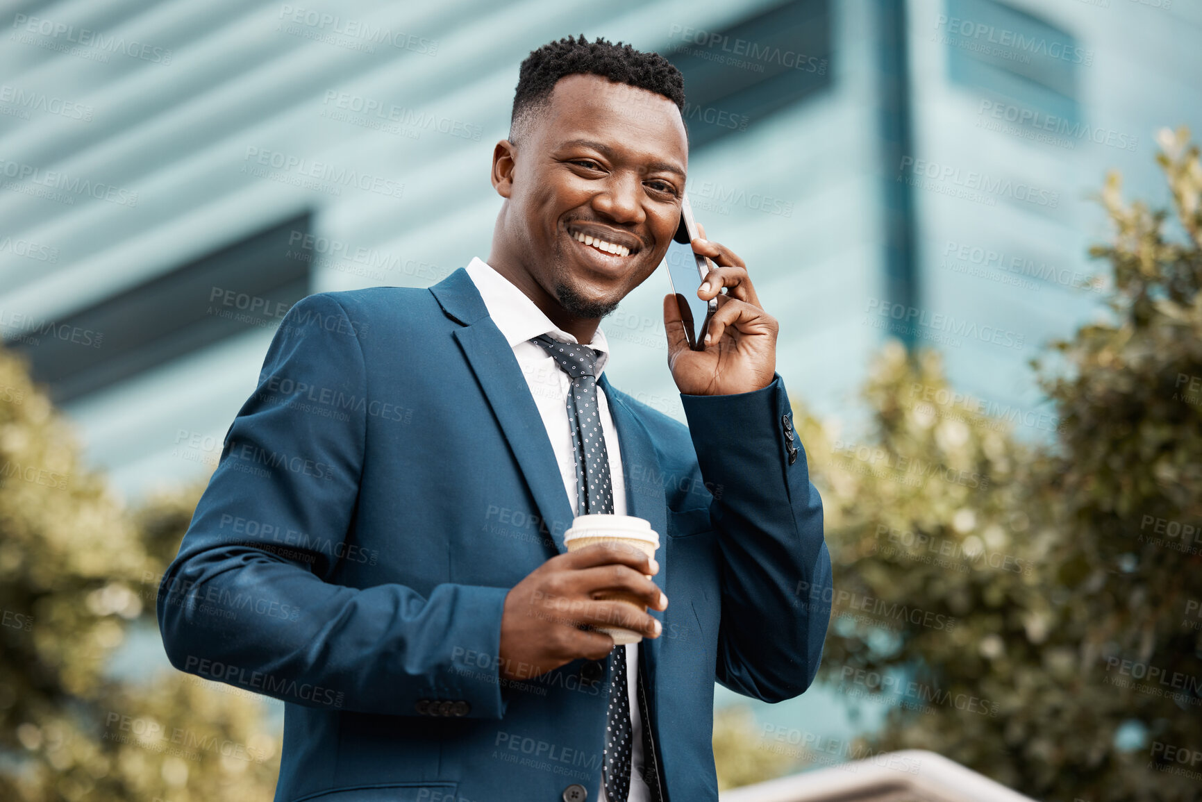 Buy stock photo City, businessman and phone call in portrait or morning for networking, speak or conversation with contact. Outdoor, tech or black person or lawyer with mobile for legal advice, consulting or support
