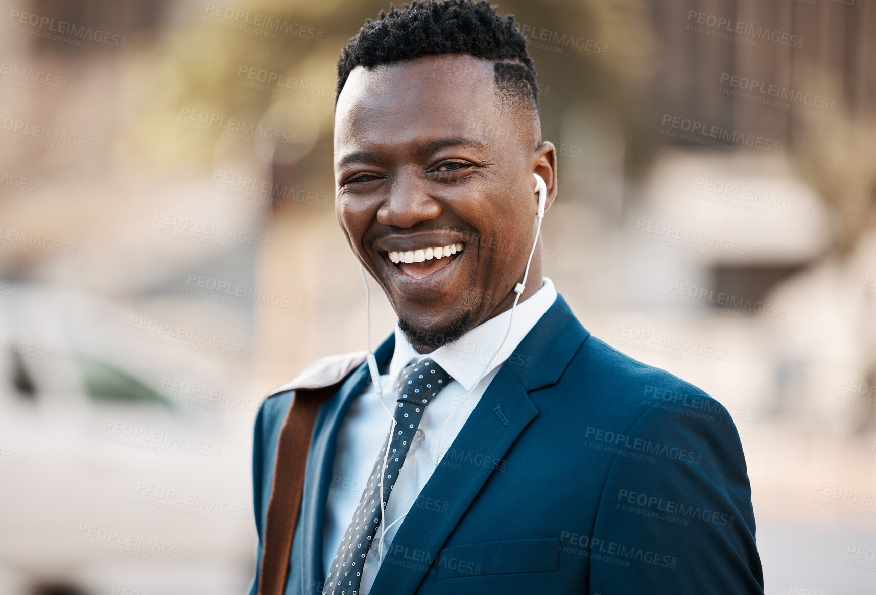 Buy stock photo Black business man, earphones and portrait in street with smile for music, audio or streaming subscription. African person, happy and commute to workplace with radio, sound and suit on road in city