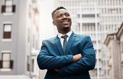 Buy stock photo Thinking, idea and business black man in city with future goals, vision and mission for company. Ideas, success and face of male entrepreneur in town with wonder, dreaming and thoughtful mindset