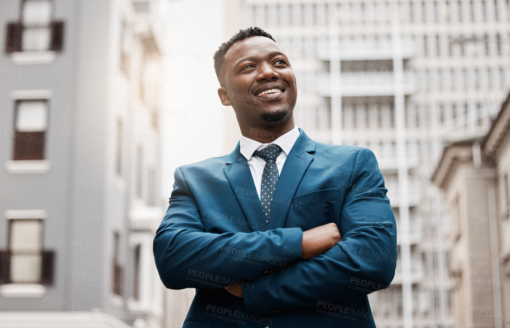 Buy stock photo Thinking, idea and business black man in city with future goals, vision and mission for company. Ideas, success and face of male entrepreneur in town with wonder, dreaming and thoughtful mindset