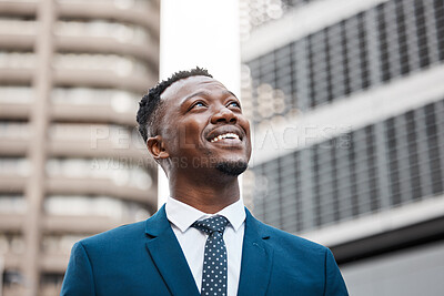 Buy stock photo Thinking, success and business black man in city with future goals, vision and mission for company. Ideas, ambition and face of male entrepreneur in town with wonder, dreaming and thoughtful mindset