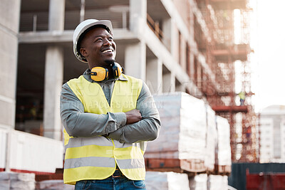 Buy stock photo Engineer, black man and thinking at construction site building with a smile for development or progress. Happy African contractor outdoor for project management, inspection and architecture idea