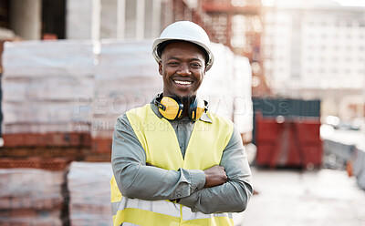 Buy stock photo Black man, portrait smile and arms crossed for construction, project management or architecture in city. Happy African male person, engineer or architect smiling in confidence for industrial building