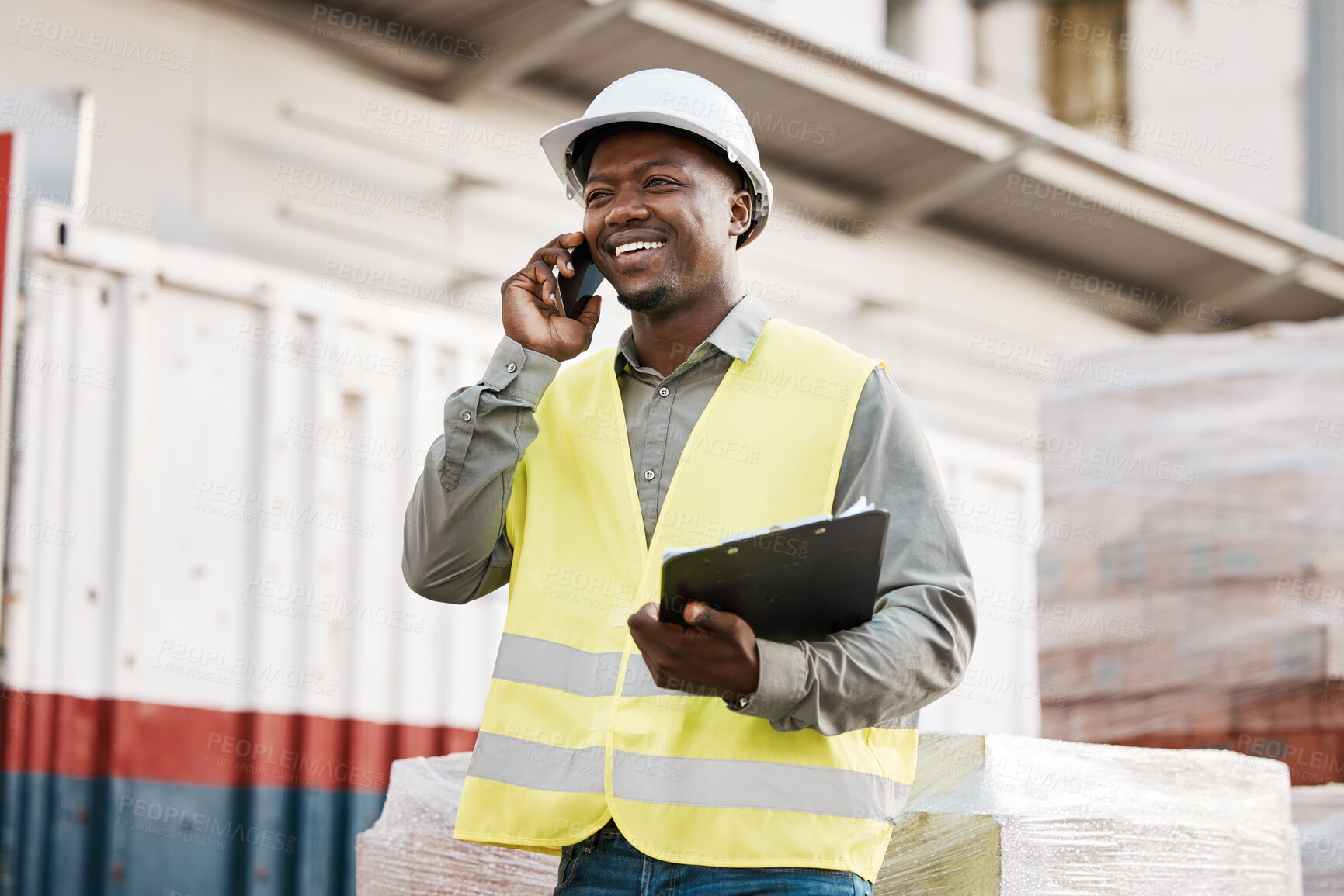 Buy stock photo Phone call, smile and black man engineer in construction site talking or in discussion to contact on mobile conversation. Industry, communication and worker planning architecture as a builder