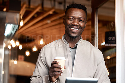 Buy stock photo Black business man, tablet and portrait in coffee shop with smile, notification ie networking with contact on app. Entrepreneur, digital touchscreen and happy for drink, deal or info for remote work