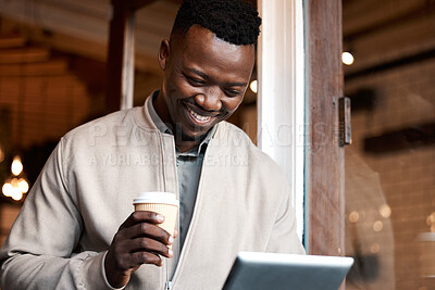 Buy stock photo African man, tablet and reading in cafe with smile, drink and notification for networking, contact and email. Entrepreneur, digital touchscreen and happy for results, deal and info for remote work