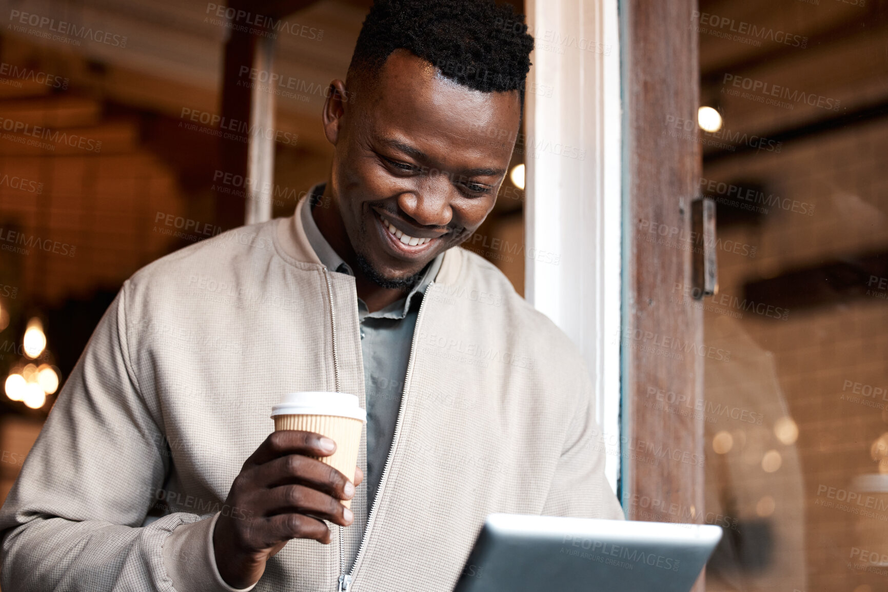 Buy stock photo African man, tablet and reading in cafe with smile, drink and notification for networking, contact and email. Entrepreneur, digital touchscreen and happy for results, deal and info for remote work