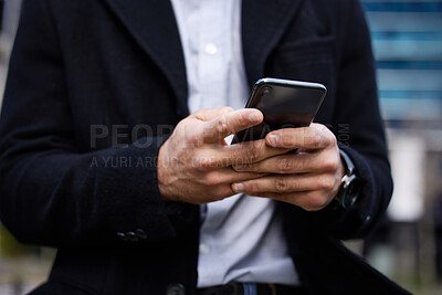 Buy stock photo Business man, phone and hands typing outdoor for communication, social media or chat. Closeup of male entrepreneur person with smartphone in city for network, internet connection or mobile travel app