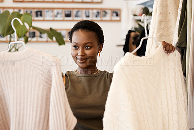 Buy stock photo Retail, shopping and black woman in store, customer and choice in show room or boutique. Purchase, fabric and thrift clothing for eco friendly and sustainable buying, smile or female consumer in mall