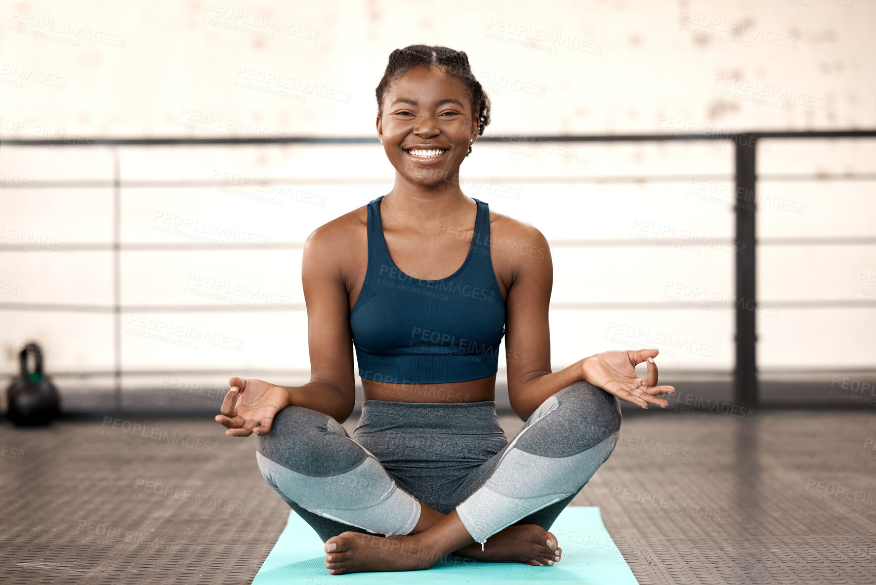 Buy stock photo Happy black woman, yoga and meditation in gym for spiritual wellness, zen or calm fitness workout. Portrait of African female person or yogi with smile for healthy mind, body and meditating exercise