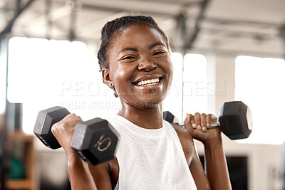 Buy stock photo Weightlifting, dumbbell and portrait with black woman in gym for workout, strong and muscle. Exercise, weights and sports equipment with female bodybuilder in fitness center for challenge and health