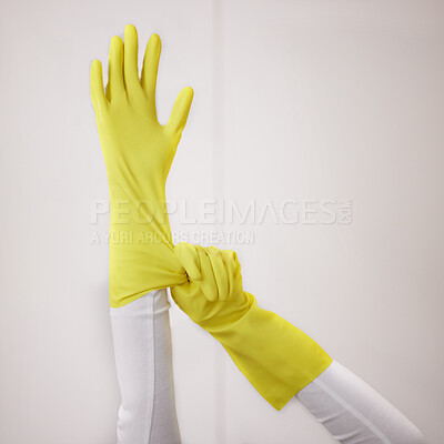 Buy stock photo Cleaner, hands and gloves with cleaning and hygiene, safety from bacteria and germs with household disinfection. Protection, sanitize and ready to clean, person with housekeeping and maintenance