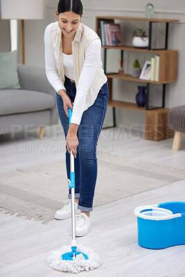 Buy stock photo Woman, mop living room floor and cleaning with hygiene and maintenance, housekeeping and smile while working. Disinfection, clean bacteria and female housekeeper with house work service and routine