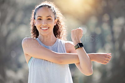 Buy stock photo Happy woman, fitness and stretching arms for exercise, workout or training in the nature outdoors. Portrait of fit or active female person smiling in warm up stretch, exercising or healthy wellness