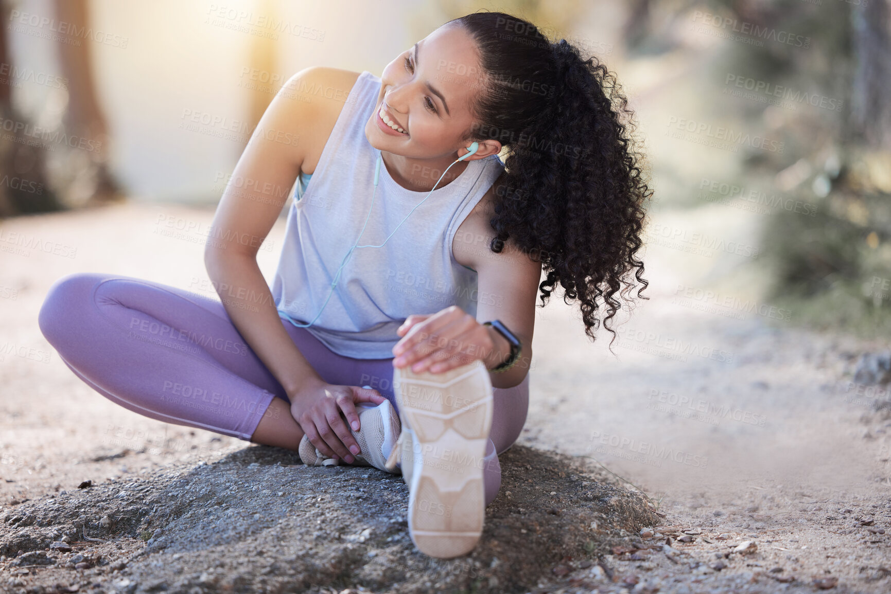 Buy stock photo Happy woman, fitness and stretching body in nature for running, exercise or workout outdoors. Fit, active or sporty female person in warm up leg or foot stretch for exercising or training in forest