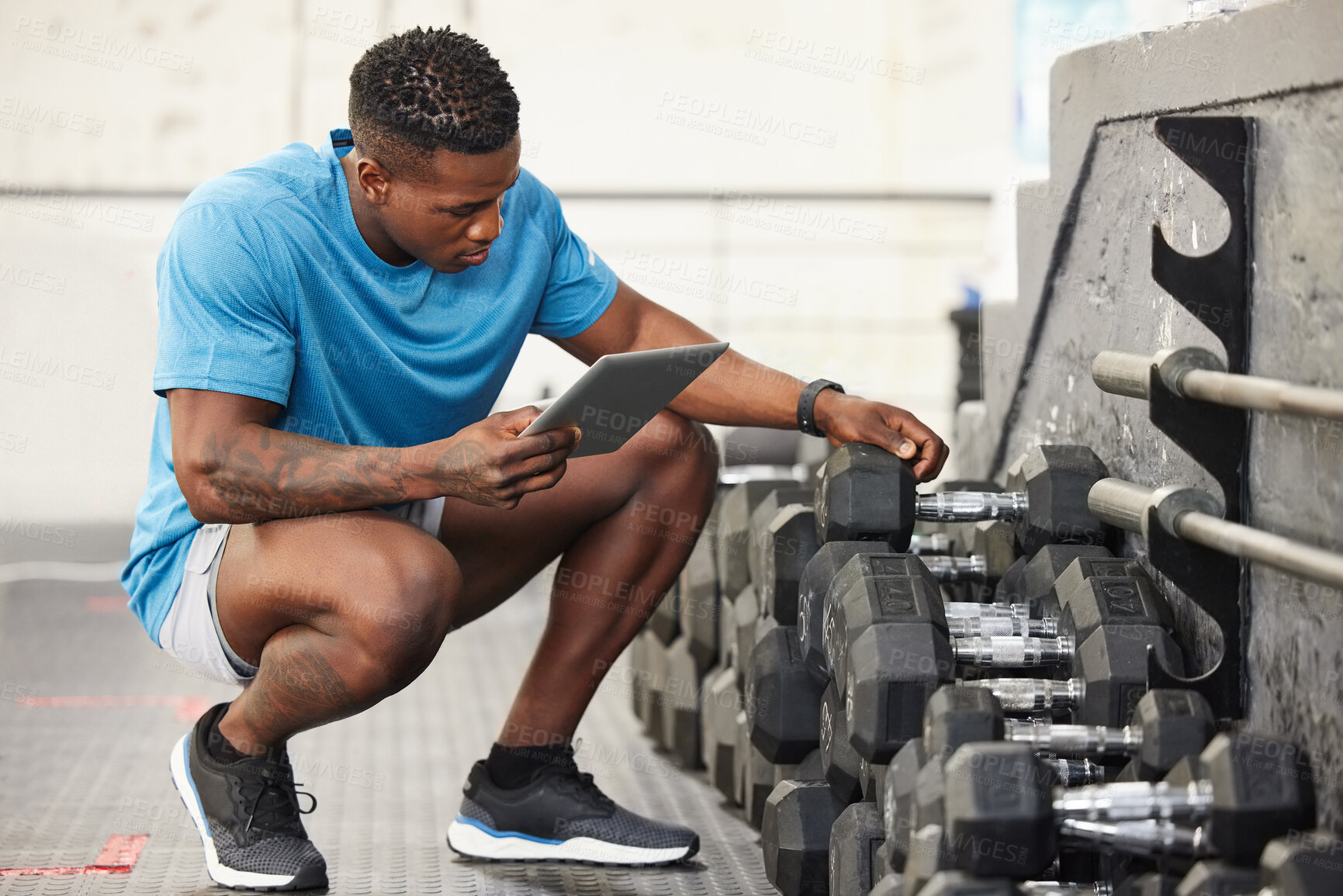 Buy stock photo Check list, man with a tablet and at the gym checking weights equipment. Fitness or workout, exercise or health wellness  and African male worker with smartphone working for inventory training