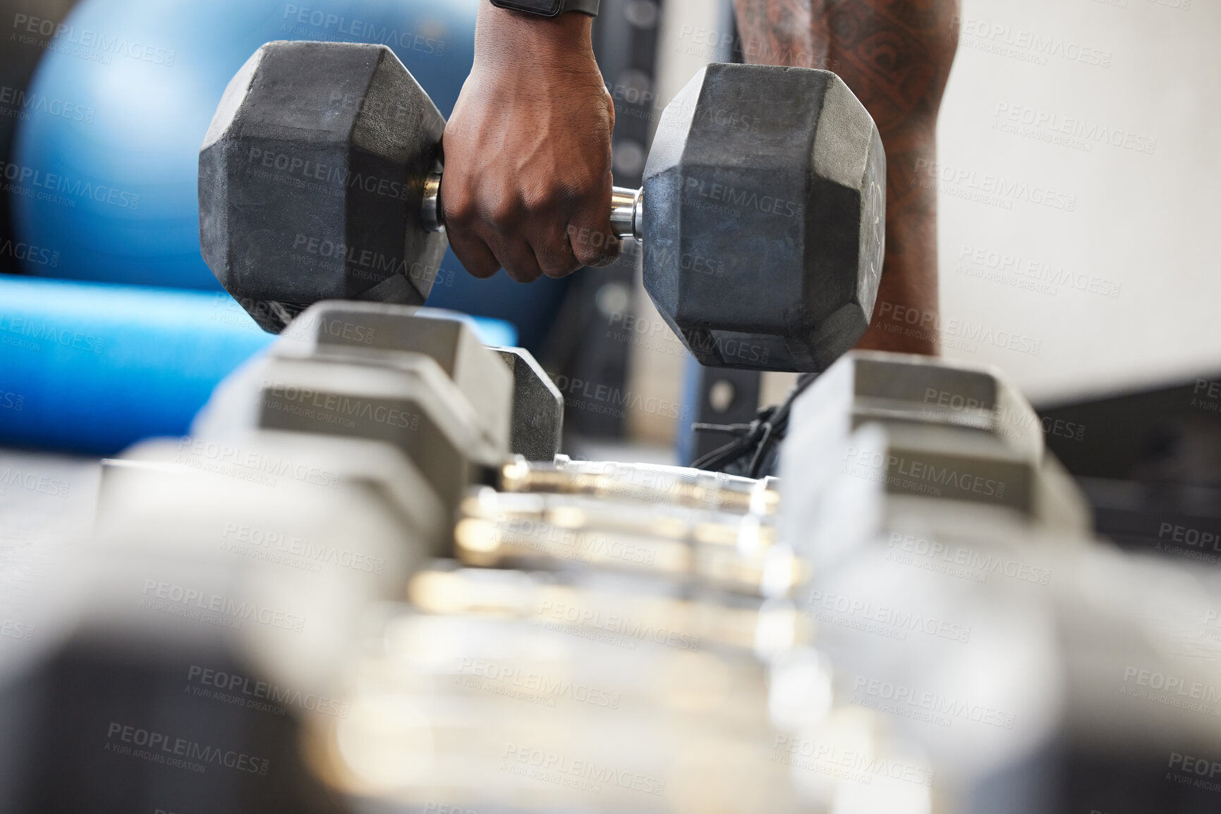 Buy stock photo Hand, dumbell and exercise in gym, fitness and closeup of person, muscle and build strength and power. Wellness, health and active, athlete and practice for body, sport and training or workout