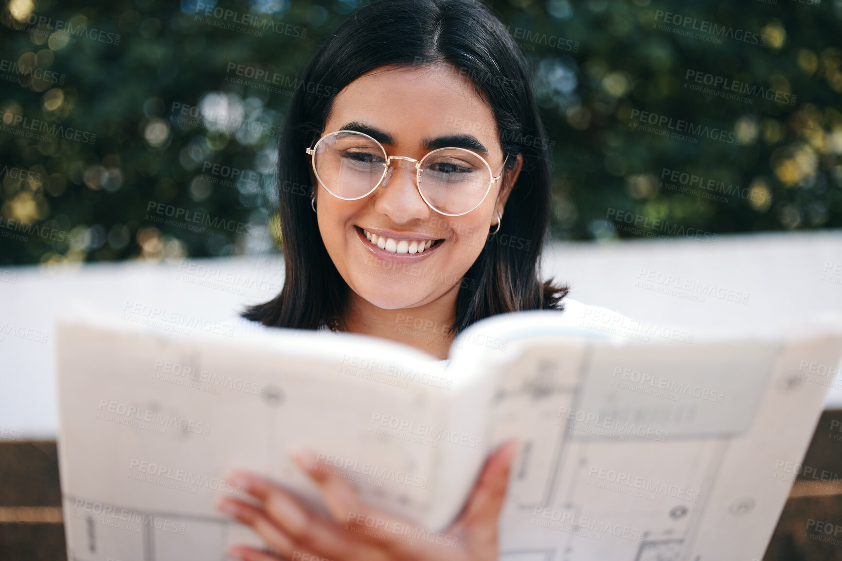 Buy stock photo Girl, student and reading with book in garden for university, studying for career with notes. Female person, learning and paper with glasses in park on campus, education or research for college