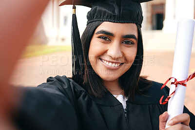 Buy stock photo Certificate, selfie and portrait of a woman graduate with success or achievement on college or university campus. Graduation, happy and young person or student with a diploma in education scholarship