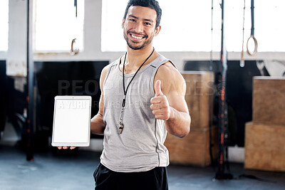 Buy stock photo Portrait, thumbs up and man with tablet screen in gym for mockup after exercise. Face, like hand gesture and personal trainer with technology, happy and space for marketing, advertising and fitness.