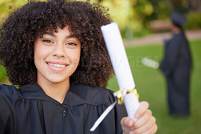 Buy stock photo Graduation, selfie and portrait of woman student or graduate celebrate achievement on university or college campus. Happy, happiness and person with certificate, scholarship or diploma from education