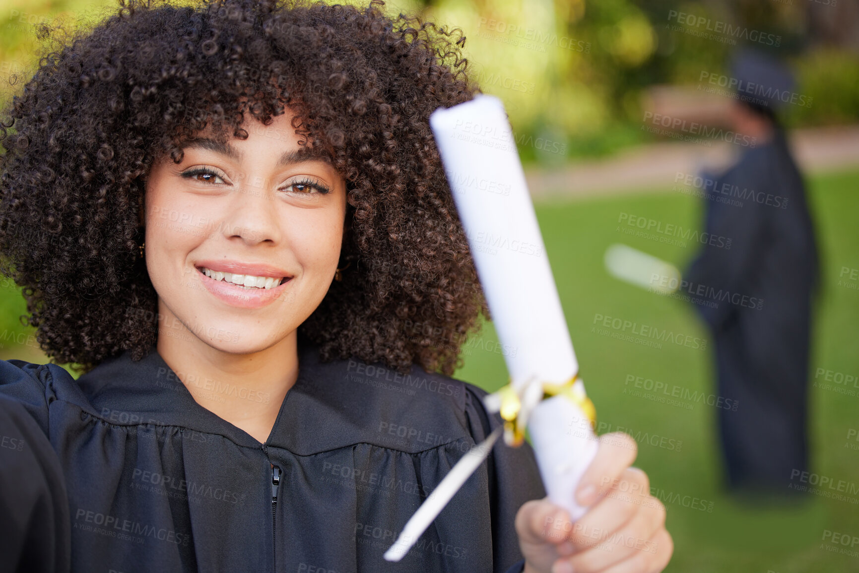 Buy stock photo Graduation, selfie and portrait of woman student or graduate celebrate achievement on university or college campus. Happy, happiness and person with certificate, scholarship or diploma from education