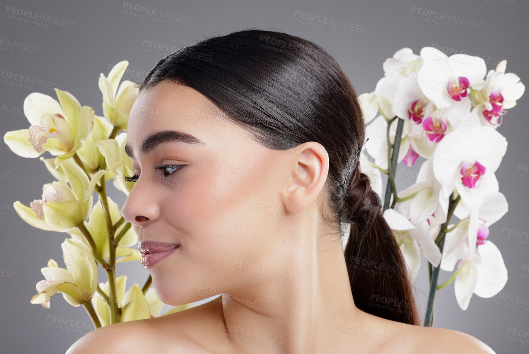 Buy stock photo Studio shot of an attractive young woman posing with two bunches of flowers against a grey background