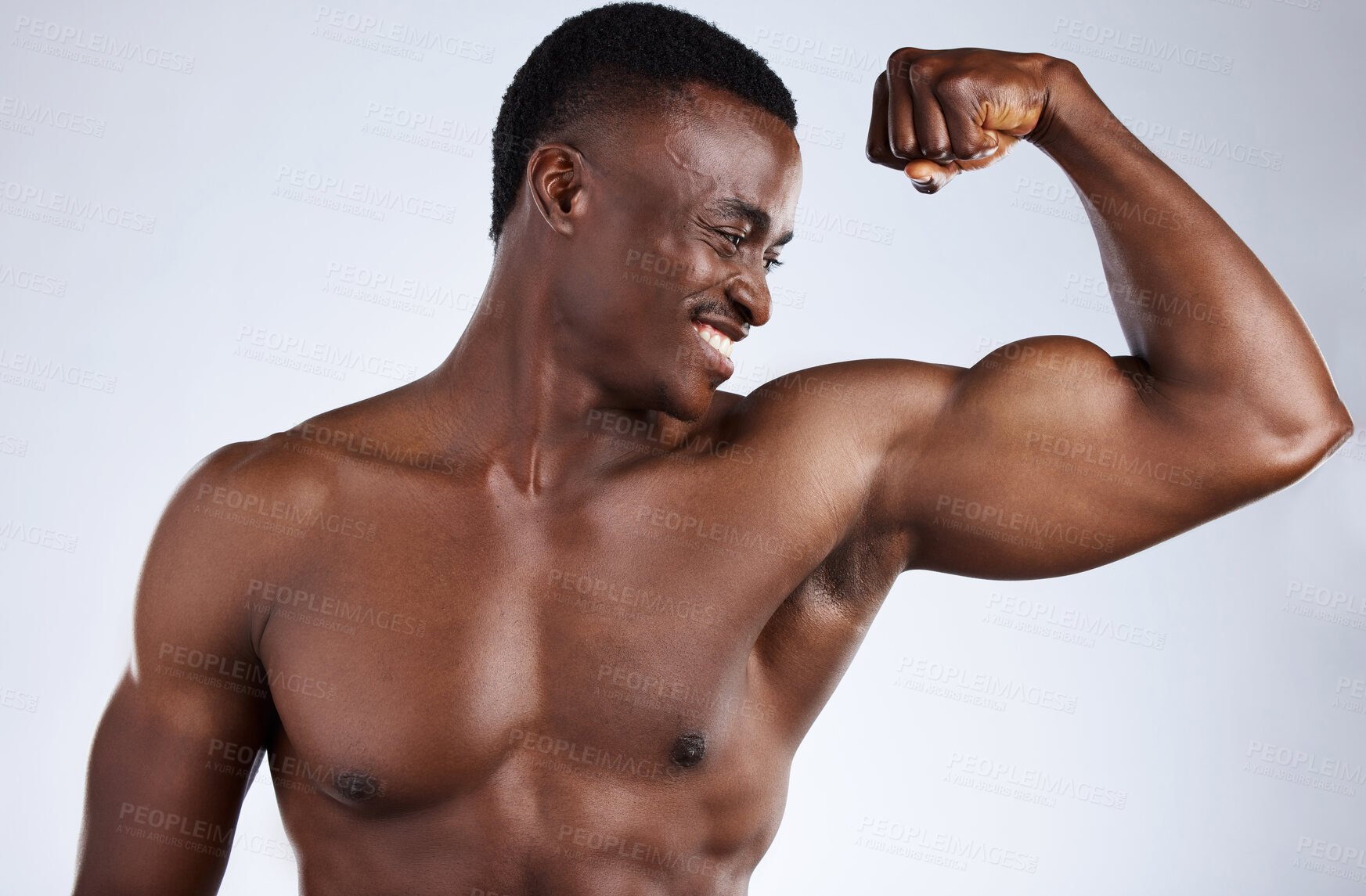 Buy stock photo Studio, muscle and flexing of black man with fitness, strong and gym for training, healthy and power. White background, confidence and wellness of person, workout or exercise of arm biceps in sport