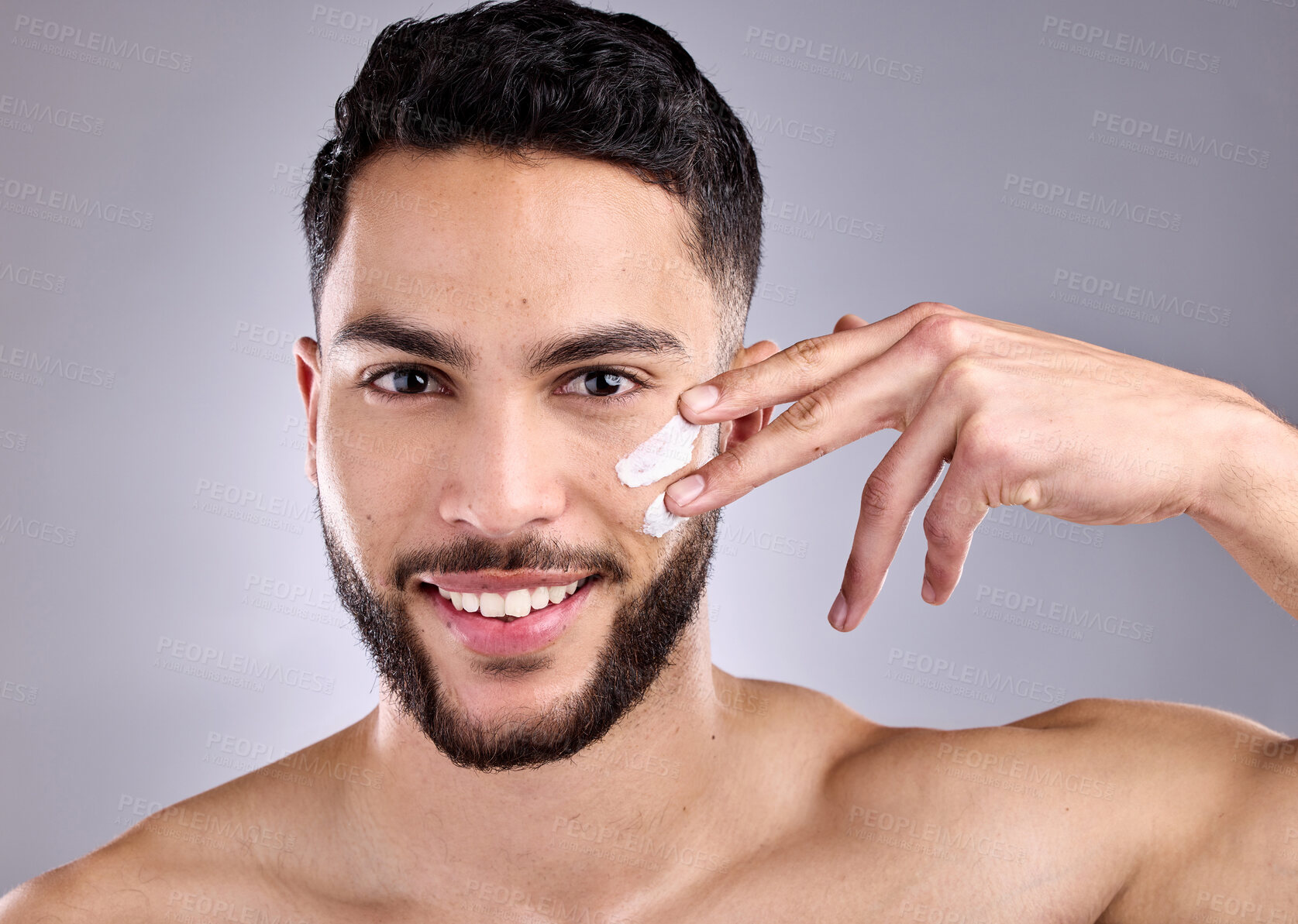 Buy stock photo Beauty, cream and smile with portrait of man on studio gray background for antiaging wellness. Aesthetic, change or transformation and face of happy model with lotion or moisturizer for dermatology