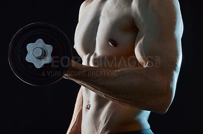 Buy stock photo Healthy, man or athlete lifting dumbbell flexing in dark studio background for fitness, workout and wellness. Topless, bodybuilder or male person isolated and thinking of training and exercise