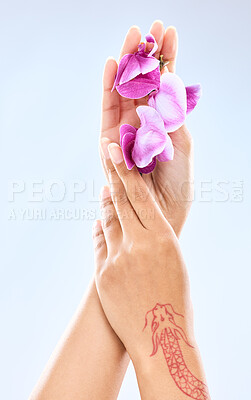 Buy stock photo Skincare, hands and closeup of nails with flowers for beauty, tattoo or wellness isolated on white studio background. Fingers, woman or floral manicure in spa for natural cosmetics, health or organic