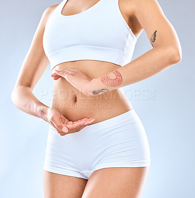 Buy stock photo Wellness, diet and hands with frame for slim body, self care and healthy stomach on white background studio. Fitness, exercise and abdomen of woman with gut for vitamins, nutrition and weightloss