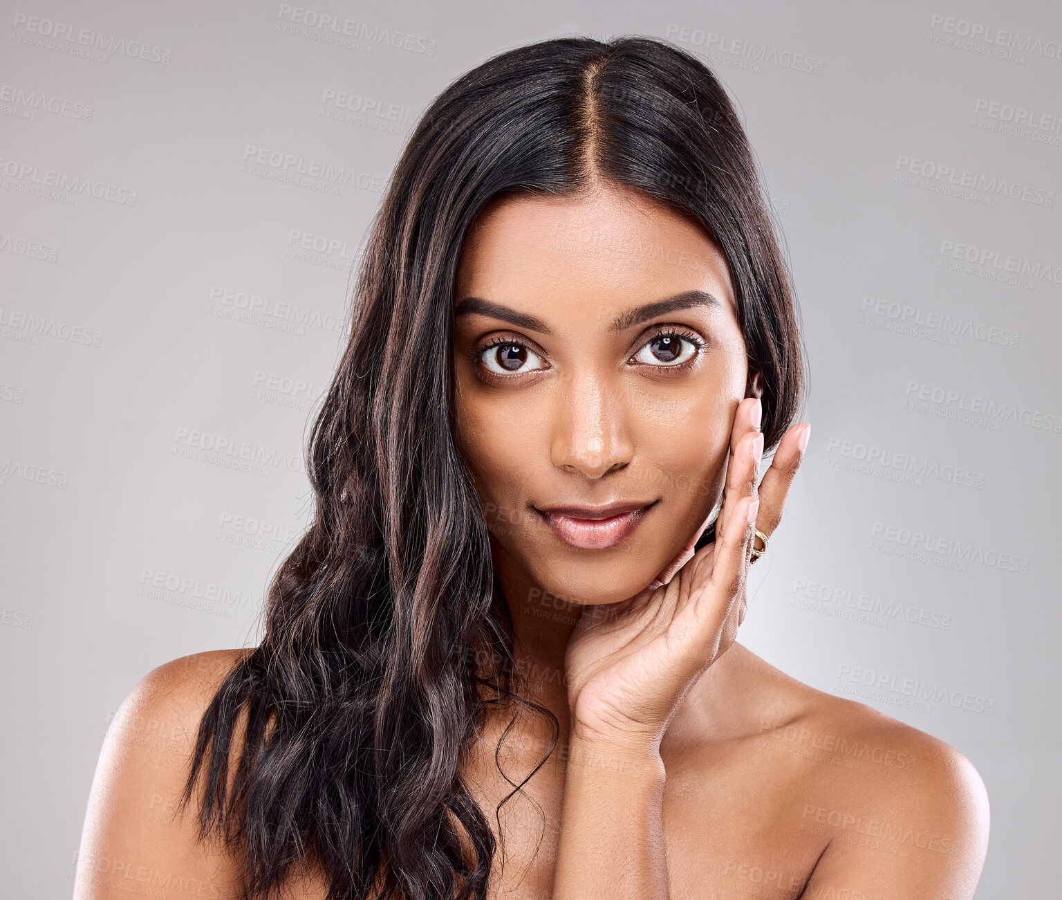 Buy stock photo Portrait, skincare and beauty of Indian woman in studio for hair care, health or shine isolated on white background. Face touch, hairstyle and model in makeup cosmetics at hairdresser salon for glow