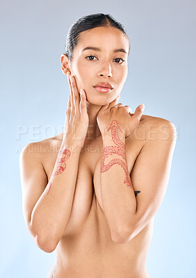 Buy stock photo Portrait of an attractive young woman  posing topless against a grey background