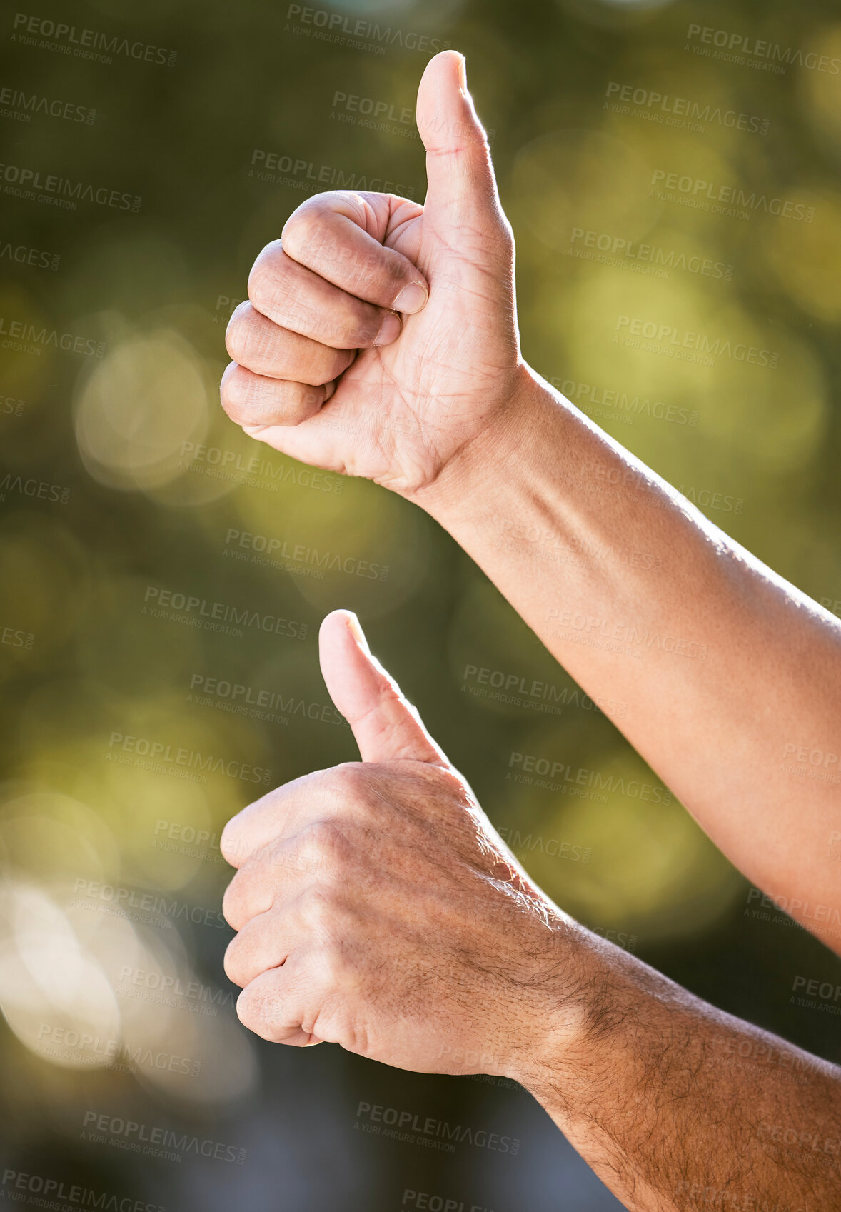 Buy stock photo Thumbs up, hands and partner with team building outdoor for solidarity, agreement or emoji in summer sunshine. Partnership, people and sign for yes, teamwork or motivation in park, garden or backyard