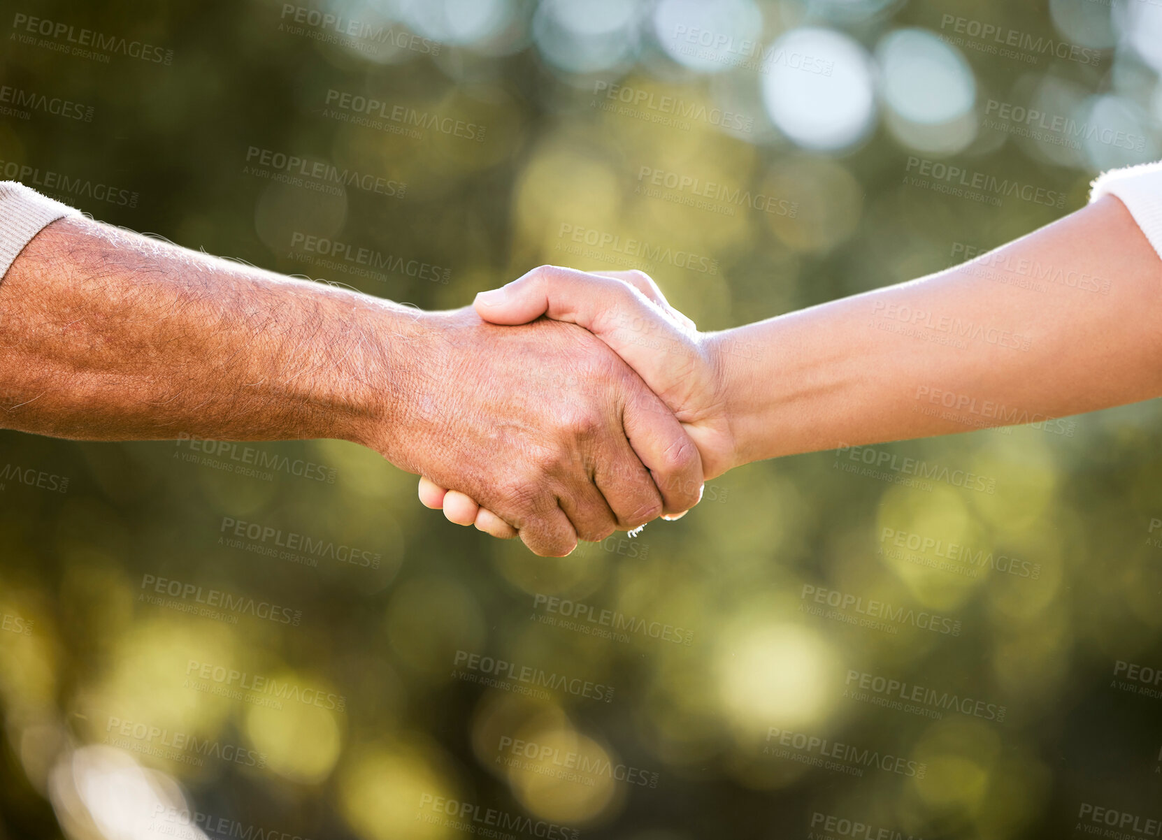 Buy stock photo B2b, handshake and business partnership outdoor with deal success, agreement and farmer meeting. Shaking hands, collaboration and agriculture employee people with greeting and thank you with bokeh