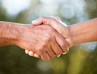 Buy stock photo Team hands, handshake and business partnership outdoor with deal success, agreement and farmer meeting. Shaking hands, collaboration and agriculture people with greeting and thank you with bokeh