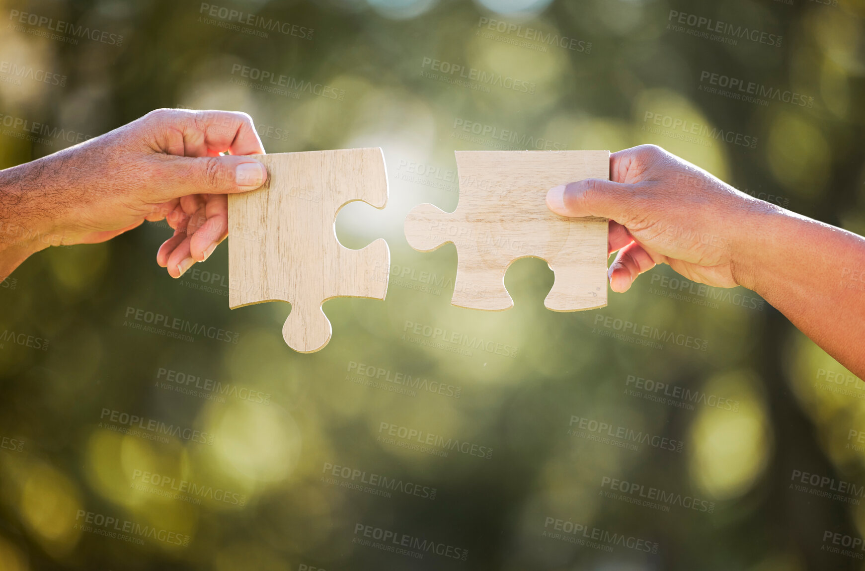 Buy stock photo Hands, puzzle piece and outdoor with sustainability, eco friendly and agriculture development. Growth, collaboration and farm planning with farmer hand and bokeh in nature to connect with synergy