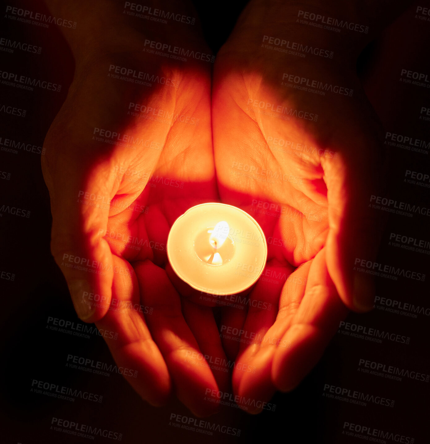 Buy stock photo Hands, dark and person with candle, solidarity and faith with religion on studio background. Closeup, model or human with open palms, hope or light with support, vigil or ritual for offering or peace