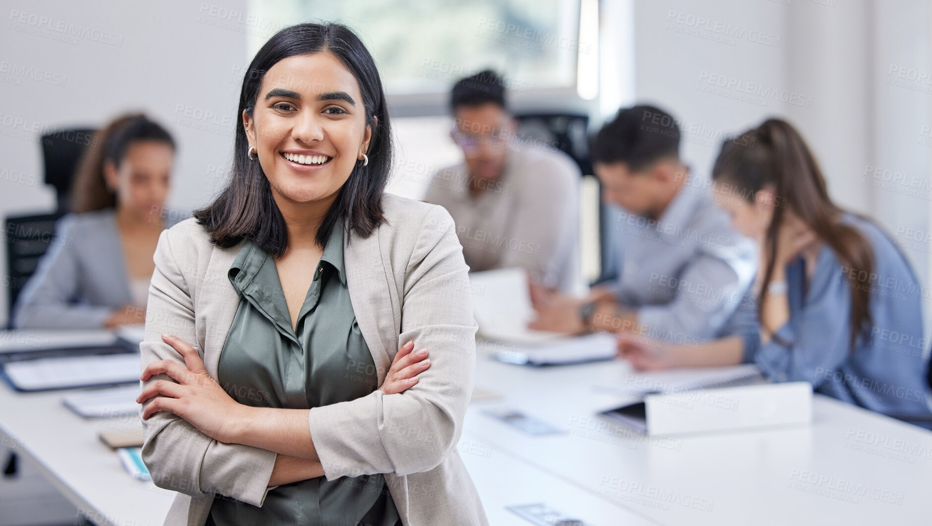 Buy stock photo Meeting, portrait and woman with business people in office for teamwork, collaboration and planning. Entrepreneur, training and employee at startup company for learning, opportunity or career growth