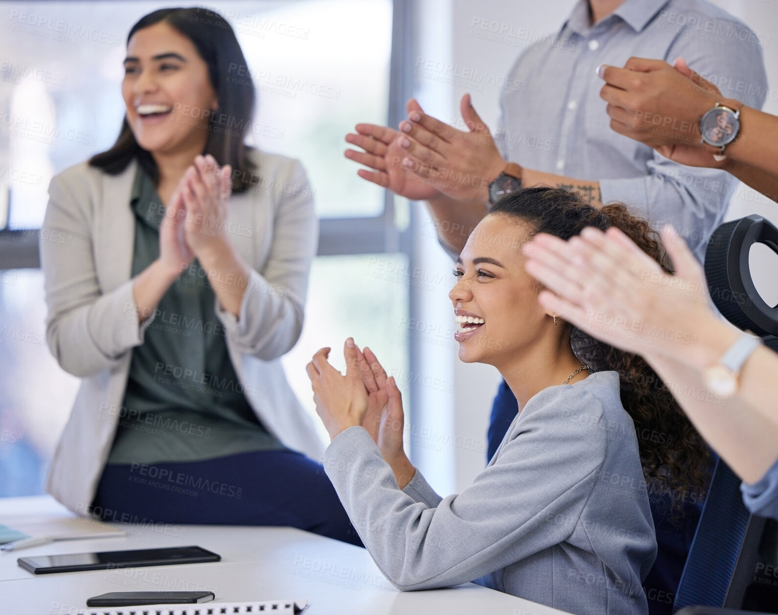 Buy stock photo Business people, success and team applause in meeting for celebration, achievement or praise. Happy group, clapping or congratulations for winning promotion, support or excited crowd cheers in office