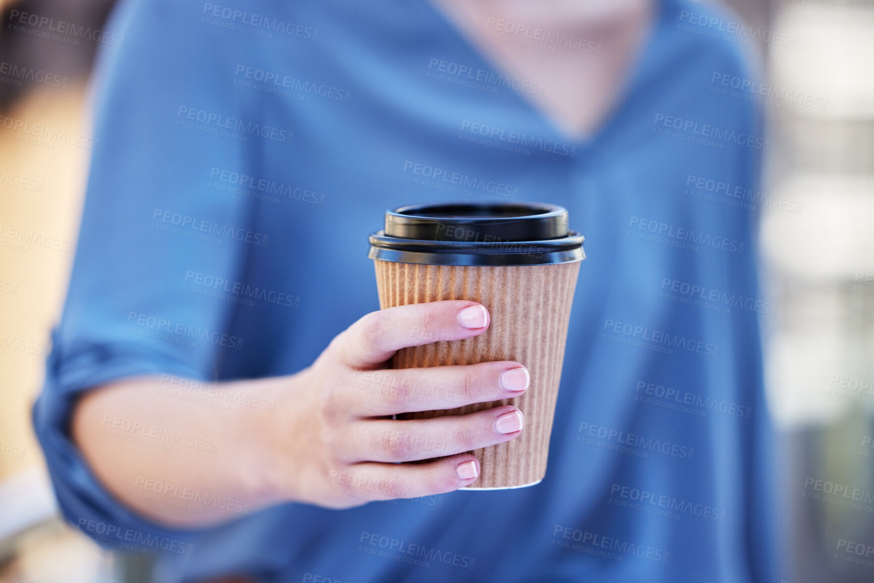 Buy stock photo Hands, woman and coffee of cup at outdoor in morning for commuting to work, job and career. Female person, hot beverage and break to relax, enjoy and chill with takeaway for energy, strong and drink