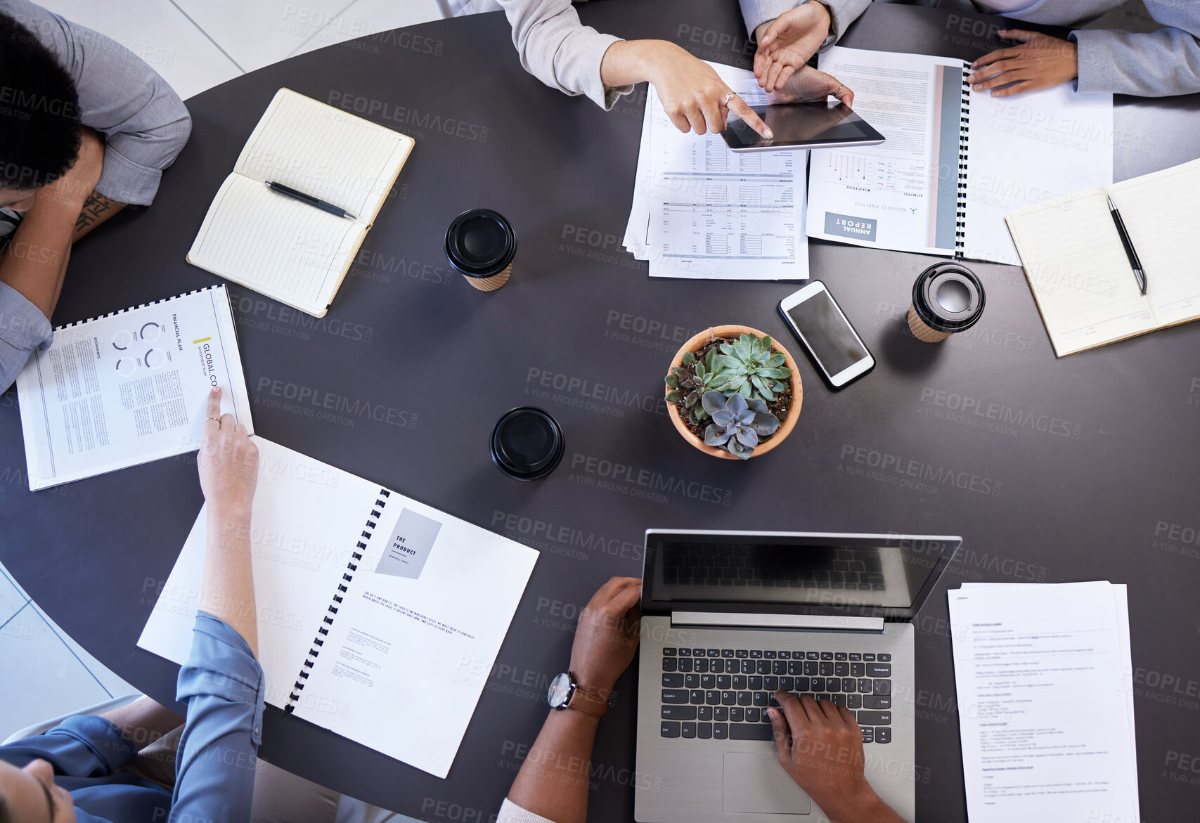 Buy stock photo Business people, above and tech on desk for meeting with feedback discussion, research and documents for project. Staff, brainstorming and workplace conversation for planning strategy and teamwork