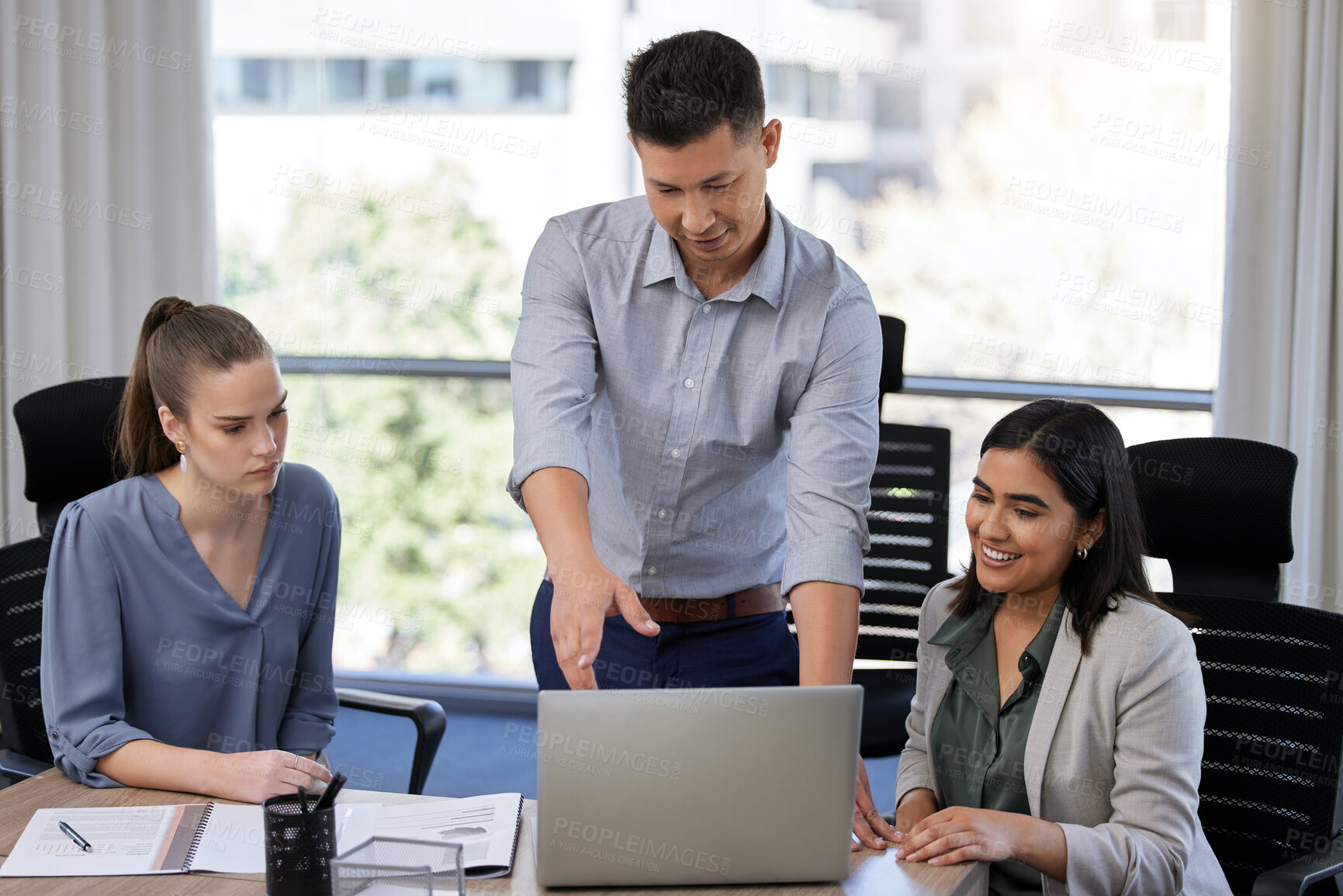 Buy stock photo Meeting, business people or employees with laptop in office for collaboration, deal or partnership. Teamwork, group or colleagues with tech and documents in boardroom for planning and discussion