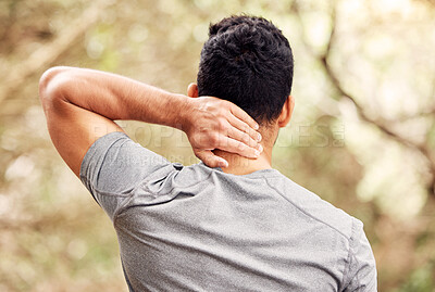 Buy stock photo Neck pain, fitness and man in nature for training, running or workout burnout, stress or accident in forest. Athlete, runner or person from behind, back or spine problem with healthcare risk in woods