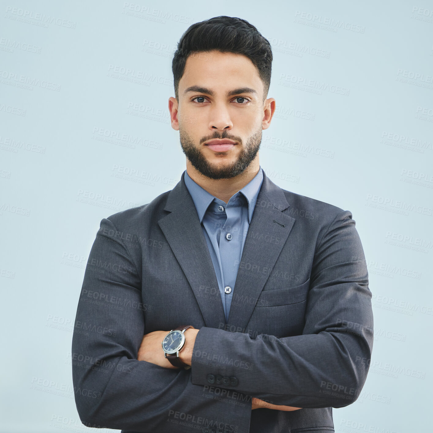 Buy stock photo Crossed arms, serious and portrait of businessman in studio with pride, confidence and legal career. Professional, corporate and male attorney from Colombia in suit for law by gray background.