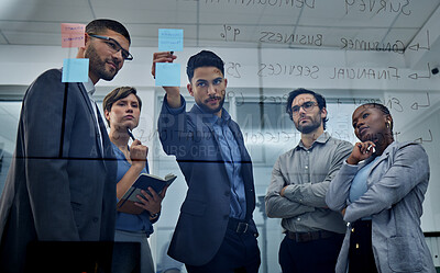 Buy stock photo Team, people and writing in meeting for presentation on sticky notes, ideas and brainstorming in workplace. Group, diversity and collaboration in office for bank, financial and accounting in company