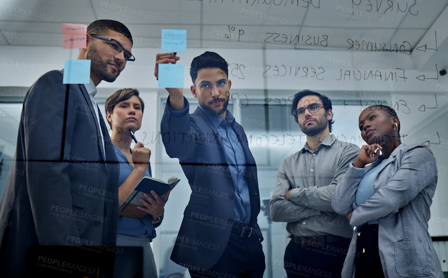 Buy stock photo Team, people and writing in meeting for presentation on sticky notes, ideas and brainstorming in workplace. Group, diversity and collaboration in office for bank, financial and accounting in company