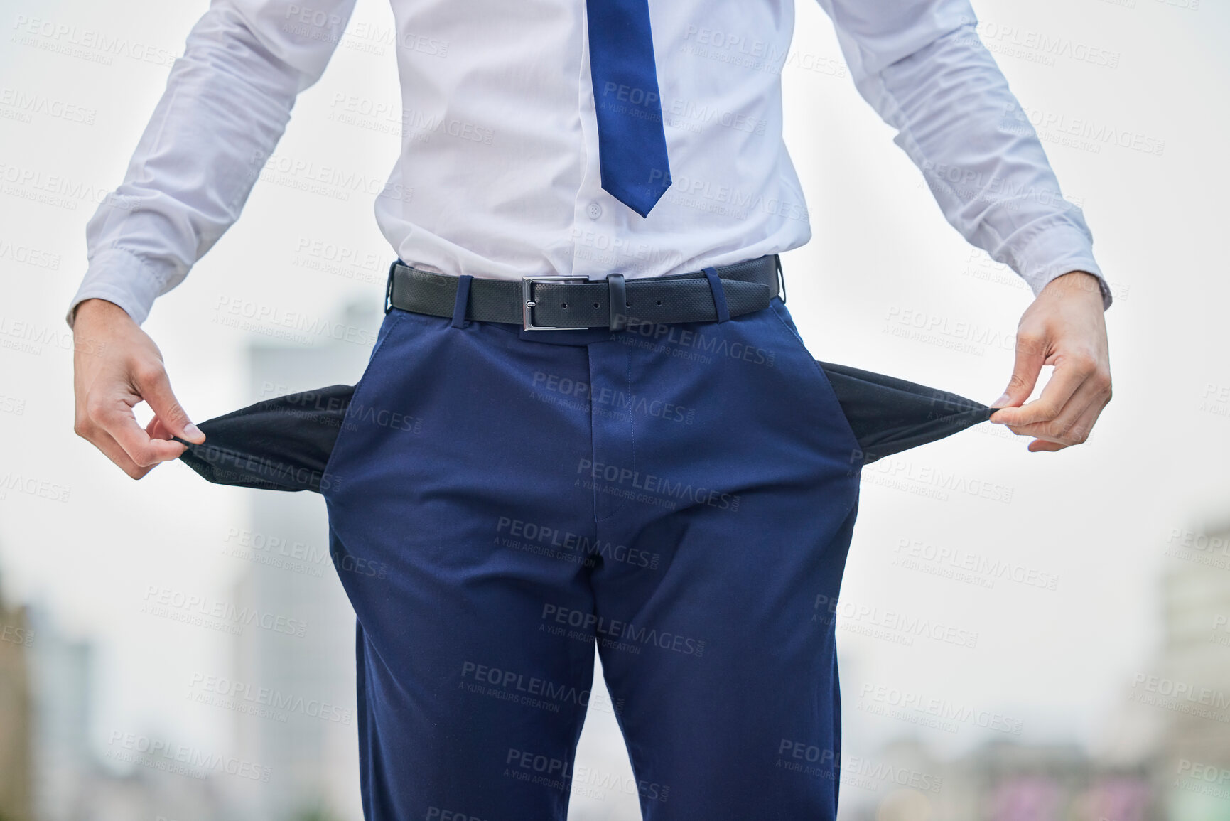 Buy stock photo Nothing, pockets and hand of person, business and gambler in debt, financial crisis and unemployment of man. Trader, mistake and investment in stock market crash, no money and risk of poverty in city