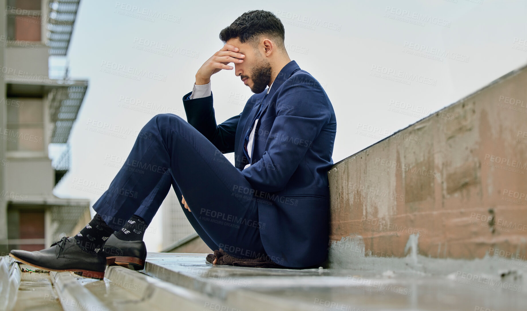 Buy stock photo Business man, stress and depression in city for crisis, mistake and trading investment fail with debt. Entrepreneur, headache and burnout on rooftop for bankruptcy and corporate acquisition disaster